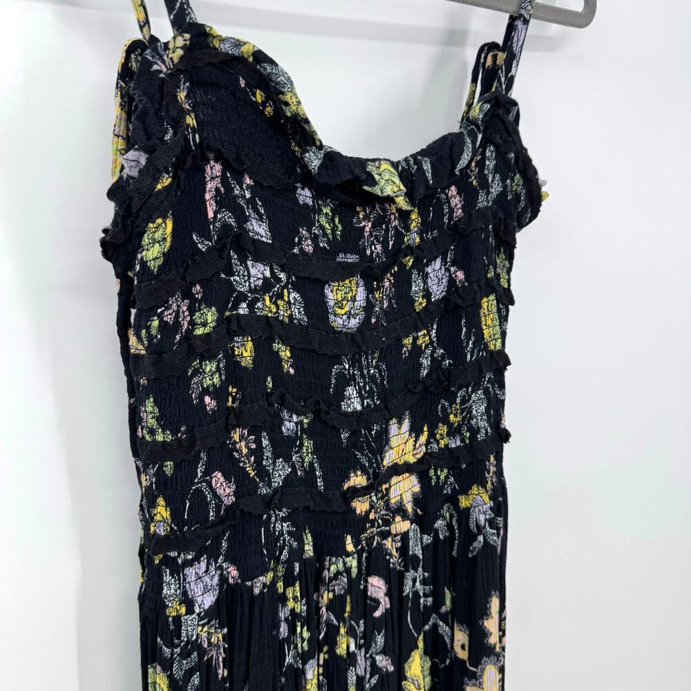 Free People Isla Midi Dress S Black Dark Floral Ruched Tiered Sundress Boho - Picture 3 of 8